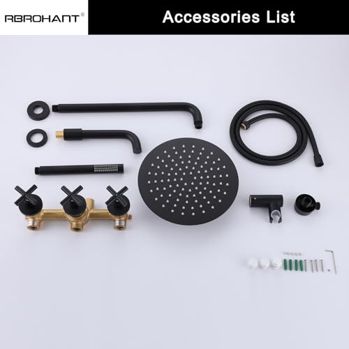 Sistema de ducha RBROHANT negro mate con grifo para bañera, juego de grifería para bañera y ducha de latón con válvula de tres vías, cabeza de ducha redonda de 10 pulgadas con grifo para bañera y ducha manual, modelo JK0300 miniatura 7