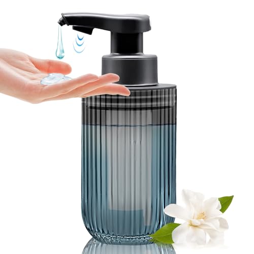 Automatic Touchless Gray Glass Soap Dispenser, Rechargeable Hands Free Ribbed Liquid Soap Dispenser with Chrome-Finished Electric Sensor Pump, Refillable Bottle for Bathroom Kitchen Countertop