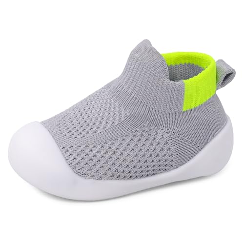 LACOFIA Scarpe Primi Passi Bambino Scarpe Calzino Traspiranti Neonato con Antiscivolo Suola in Gomma Grigio 9-12 Mesi