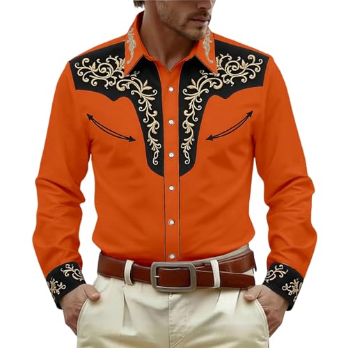 Chemise homme western robuste orange manches longues coton respirante