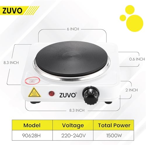 1500W Single Hot Plate - White Ring Stove Hob - Portable & with Adjustable Thermostat - Cast Iron Heating Plate - Best for Cooking - Zuvo