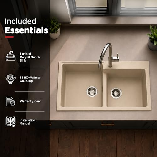 Image of Carysil TIP TOE DB ULTRA Quartz Kitchen Sink 34 x 20 x 8 inches, Single Bowl with Drain Board, 80% Quartz & 20% Resin, Heat Resistant 300C, 50kg Load, Scratch Resistant Granite Sink - Cream