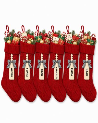 houscly 18 Inch Personalized Knitted Christmas Stockings, 6 Pack All Red