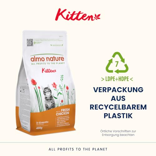 Almo Nature Kitten - Trockenfutter für Kätzchen mit Frischem Huhn - Für ein Ausgewogenes Wachstum von 2 bis 12 Monaten, Geeignet für Trächtigkeit und Stillzeit - 400g Beutel