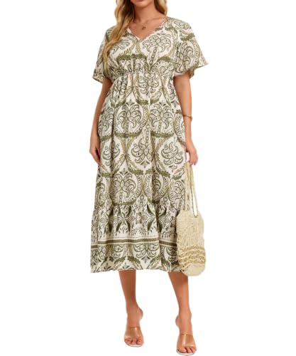 Image of Women's Summer Short Sleeve Maxi Floral Flowy Dresses with Pockets