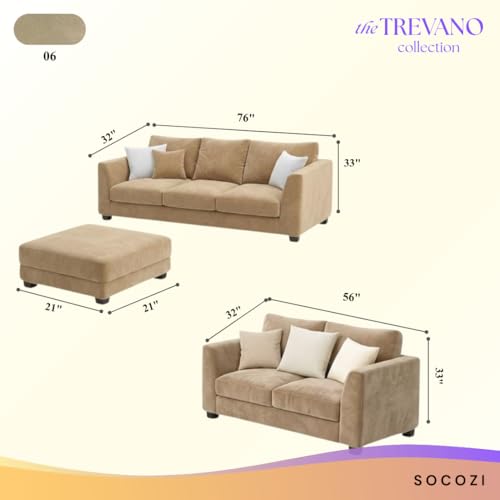 Image of SOCOZI Trevano 5 Seater Sofa Set with Ottoman (3 Seater + 2 Seater + Ottoman) | Soft Velvet Suede Fabric | Plush Comfort Cushions for Living Room (Beige)