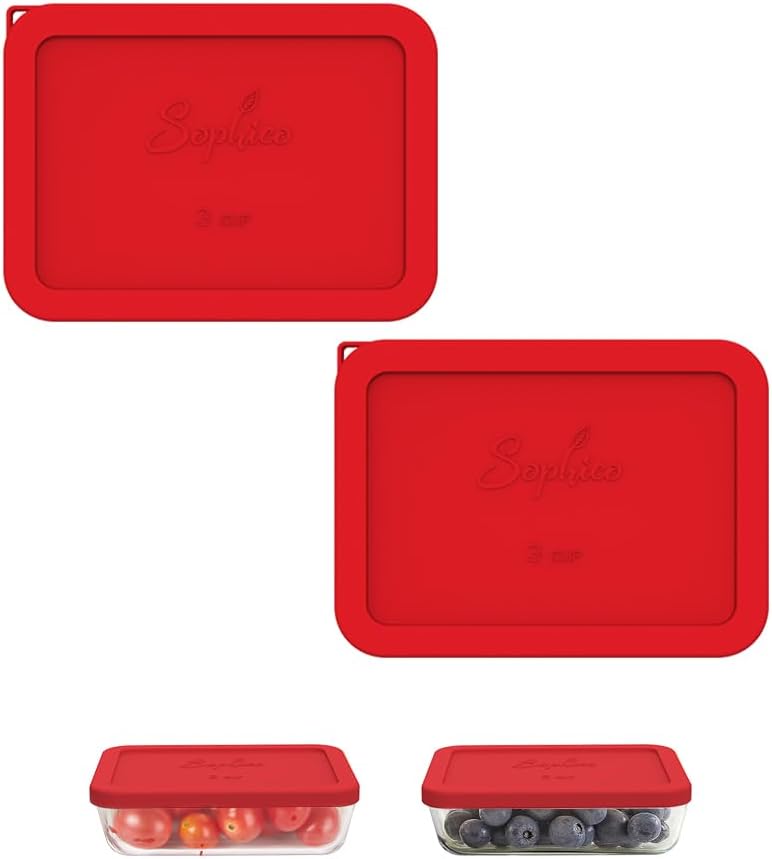 3 Cup Rectangle Silicone Storage Cover Lids Replacement for Pyrex 7210-PC Glass Bowls, Container not Included (RED, 2 Pack)