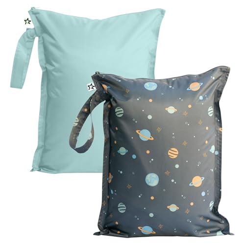 Image of Tiny Twinkle Mess Proof Wet Bags | 2-Pack Reusable Waterproof Wet Bags for Swimsuits | Baby Clothes | Travel & Diaper Bag (Space, Ice Blue)