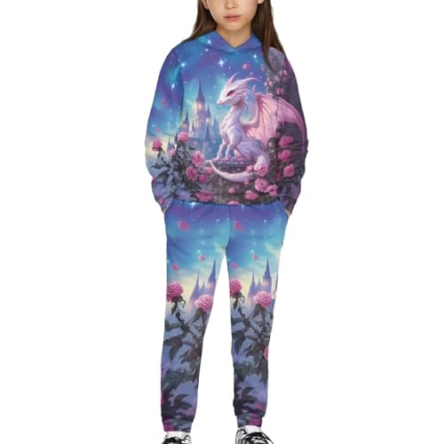 Frymappies Dragon Hoodies Sweatshirt and Jogger Sweatpants Sets for Girls 11-12 Years Rose Novelty Long Sleeve Sweat Suit Flower Kids Fall Fashion 2 Piece Pants Sets Teen Girls Breathable Tracksuit
