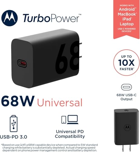 Image of Motorola Original 68W TurboPower Fast Charger Adapter Compatible with Edge 60 Fusion, 50 Fusion, 50 Pro, 50 Ultra, Razr 50 Ultra, G84, G73, G82, G60, G71, Moto X40, X30 & More USB-C Motorola Devices