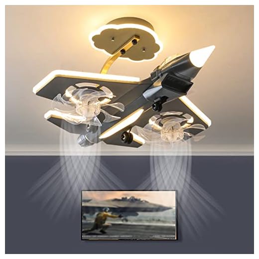 CEKUXPS Cartoon Airplane Fan Chandelier Kids Ceiling Fan with Light Modern Black Model Plane with Acrylic Shade Helicopter Model for Amusement Living Room Boys Bedroom Children's