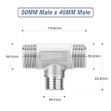 ERGAOBOY Redukcja łączników rurowych, 50 mm męskie x 40 mm męskie 304 stal nierdzewna 3-drożny adapter w kształcie litery T do paliwa/powietrza/płynu/gazu