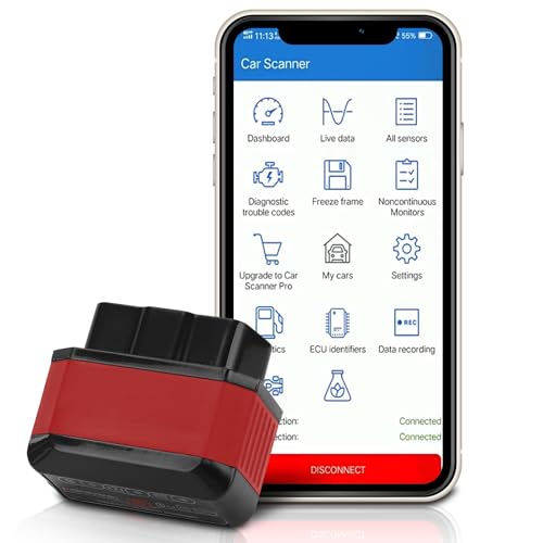 WODHMIEY OBD2 Bluetooth Diagnostic Tool, Car Engine Fault Code Reader & Check Engine Light Reset, Compatible with Android&iOS, Real-Time Vehicle Diagnostics, Fault Code Clearing (Black Red)