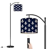 Arc Floor Lamp Navy Blue Anchor Nautical Ocean Themed White Anchors Pattern Symbol Dimmable Modern Standing Lamp with Remote Adjustable Drum Shade Footswitch Tall Pole Lamp for Living Room Bedroom