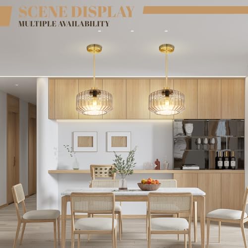 Image of 2-Pack Kitchen Island Hanging Lights Amber Glass Pendant Light Fixtures 1 Light 11.8 Inch Glass Shade Mid Century Farmhouse Hanging Lamps for Bedside Living Room Dining Room