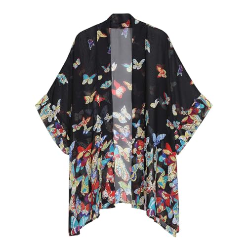 Kimono de gasa bohemio para mujer, para cubrir la playa, bikini, chal, blusa para traje de baño, ropa de playa, Negro con mariposas de colores, talla única