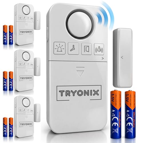 TRYONIX Door Alarms When Opened – 130 dB Loud Door & Window Alarm, 1.2” Wide Gap Sensor, Instant & Delay Alerts, 3 Volume Levels, AAA Batteries Included, Low Battery Alert, 4 Pack