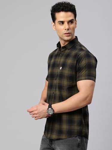 Image of Majestic Man Men Comfort Slim Fit Checked Pure Cotton Half Sleeve Casual Shirt