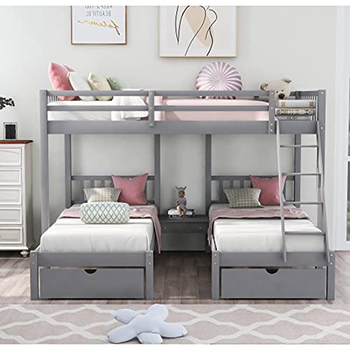 Moolo 3-1 Full Over Twin, Twin Bunk Bed, Wood Triple Bunk Bed With Drawers And Guardrails For Kids Teens Adults(Color:gray) #TOP6