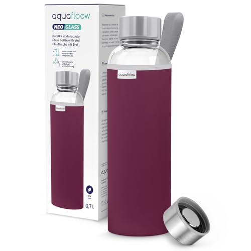 Aquafloow Borraccia con Custodia 700 ml, in Vetro borraccia acqua Borosilicato Trasparente con Coperchio Protettivo e Tappo a Vite, Ideale per Lavoro, Scuola, Fitnes – Bourgogne