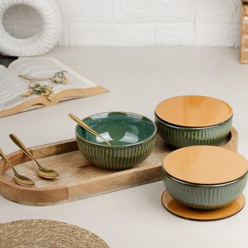 Image of The Earth Store Glam Green Ceramic Bowl Serving Set - 3 Bowls (500ml Each) with Wooden Tray, 3 Spoons & 3 Multipurpose Lids /Coaster - for Snacks, Curries, Desserts & Fruits