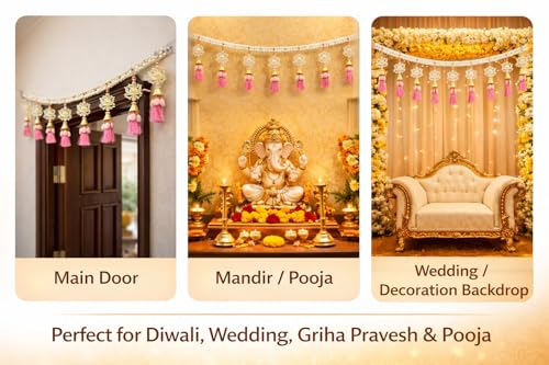 Image of Handcrafted Pearl Lotus Door Toran | 3 Feet Decorative Bandhanwar with Pink Tassels | Traditional Wall Hanging for Main Door, Pooja, Diwali, Wedding & Griha Pravesh