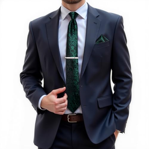 Image of DiBanGu Silk Floral Ties for Men Woven Paisley Necktie and Tie Clip Handkerchief Cufflinks Set for Party Wedding
