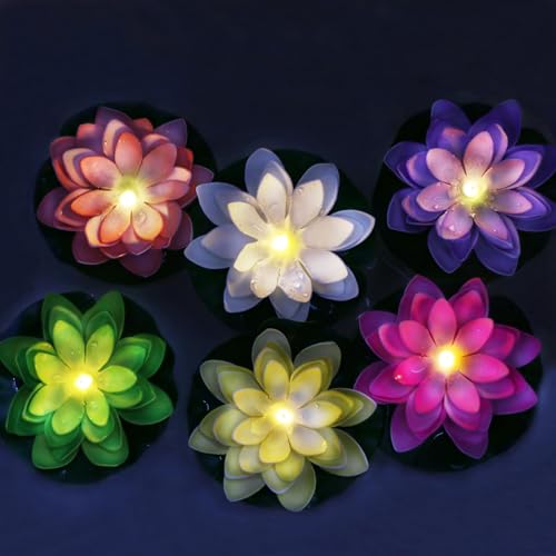 LACGO 12 PCS Floating Lotus Tea Lights - 5 Inch Floating Flowers Water Lily LED Candles for Pool, Bath, Wedding, Party Decor - Water Activated Floating Lotus Flower Pool Lights(Mix-Color)