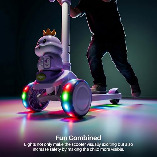 Image of Baybee Dino Crown Kick Scooter for Kids | 3 Wheel Kick Scooter with RGB LED Wheels & Music | 3 Height Adjustable Handle & Rear Brake | Foldable Scooter for Kids 3 to 8 Years Boys & Girls (Purple)