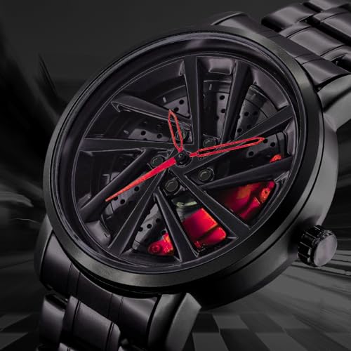 Image of HORAME 42mm Car Alloy Wheel Watch For Men, Gyro Wheel Rolling Watch For Men With Snap Lock Black Steel Chain, 30M Waterproof Round Metal Rim Rotating Watches, Analog RS7 Spinning Car Watches For Boys (Red)