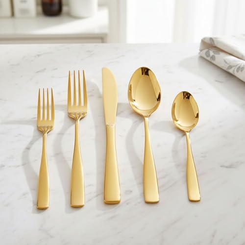 Image of 30 Pcs Gold Cutlery Set for Dining Table the Perfect Mirror Polish Hevy Duty Tableware Including Dinner Spoon, Dinner Fork, Dinner Knife, Dessert Spoon & Dessert Fork