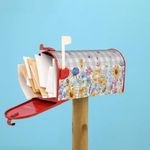Image of Spring Flower Mailbox Cover Magnetic Standard Size, 21 inchx18 inch Watercolor Summer Floral Wildflower Mailbox Wrap Post Cover with Grey Buffalo Plaids for Yard Garden Outside Lawn Decor
