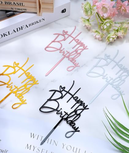 Image of 4Pcs Happy Birthday Cake Topper, Gold Pink Silver Black Cake Toppers for Cake Decoration, Elegant Cake Stand for Birthday, Cafe Display