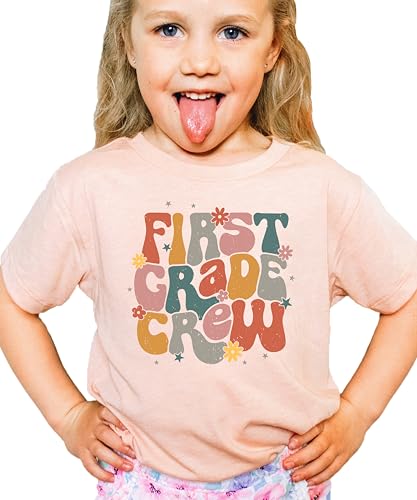 Olive Loves Apple First Grade Crew Shirt for Girls Colorful Retro Back to School Graphic T-Shirt for Kids
