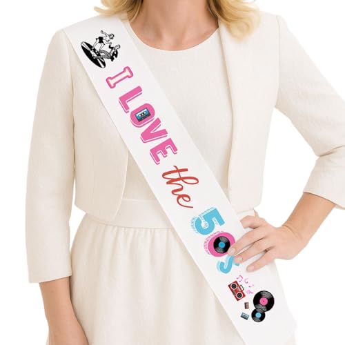 Festiblast Decoración de fiesta de calcetines de rock and roll de los años 50, decoración de fiesta de Sock Hop con texto en inglés "I Love the 50s Sash Music Party Sash for 50's Theme Rock DJ, Music