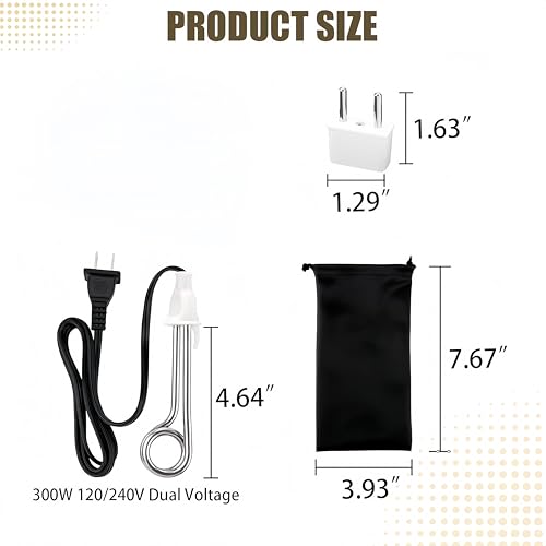 Immersion Heater, Immersion Water Heater 300W 120/240V Dual Voltage Traveling/Camping Accessories for Coffee/Tea/Soup Electric Water Portable Reheater