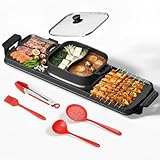 Buisoopt 2250W Electric Grill and Hot Pot Combo, 29 x 9.5 Inch Smokeless Indoor BBQ Grill with Easy to Clean, Dual Zone Temperature Control, Includes Food Tongs, Oil Brush, Soup Spoon, Strainer Black