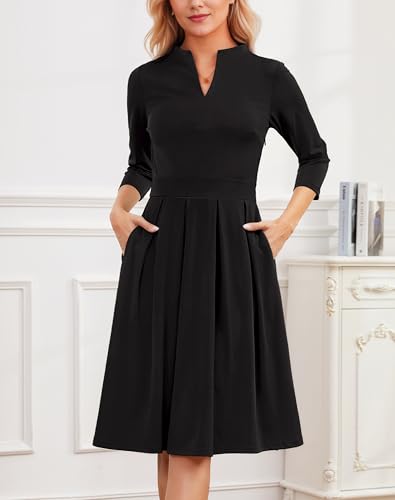 Zattcas Women 3/4 Sleeve Vneck Fall Dress Business Casual Work Teacher Church Modest Pleated Midi Dress with Pockets2
