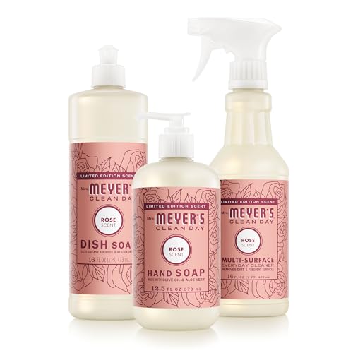 Mrs. MEYERS CLEAN DAY Kitchen Basics Set Rose Scent Cleaning Supplies includes Hand Soap (12.5 Fl Oz) Dish Soap (16 Fl Oz) and Multi-Surface Cleaner (16 Fl Oz)