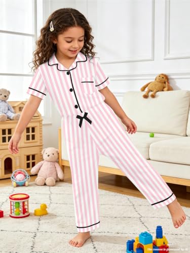 SANGTREE Girls' 100% Cotton Pajamas Set 3pcs Short Sleeve Long Pants with Shorts Sleepwear, Pink Stripe, 9-10 Years = Tag 150 — view 4