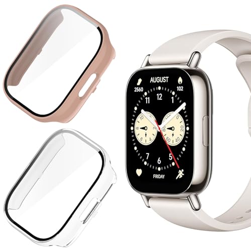 KUSINHOKA 2 Pack Funda para Xiaomi Redmi Watch 5 Lite, Carcasa Anti-Choque con Cristal Protector de Pantalla, HD Anti-Arañazos Protección Completa Duro PC Protectora Funda, Rosa + Transparente