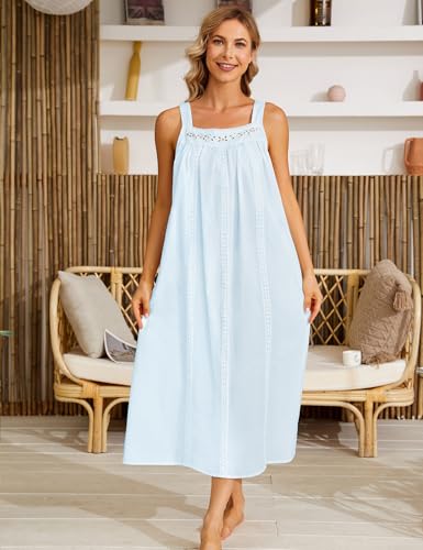 Image of SWOMOG Women's Cotton Nightgowns Sleeveless Night Gown Embroidery House Dress Soft Long Nightdress with Pockets