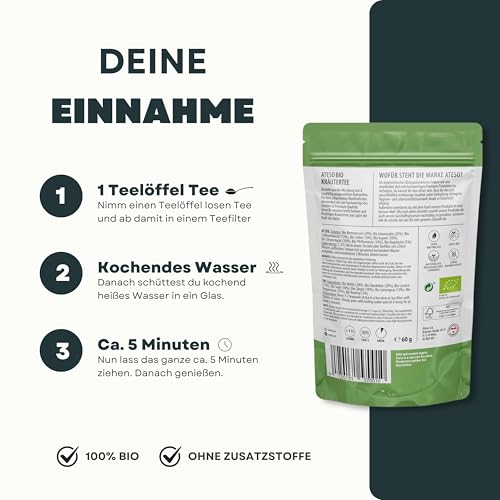 Verpackungsdetails des 100g ATESO Bio Detox Tees mit EU-Bio-Siegel - Detailansicht von Bio Detox Tee Brennnessel...