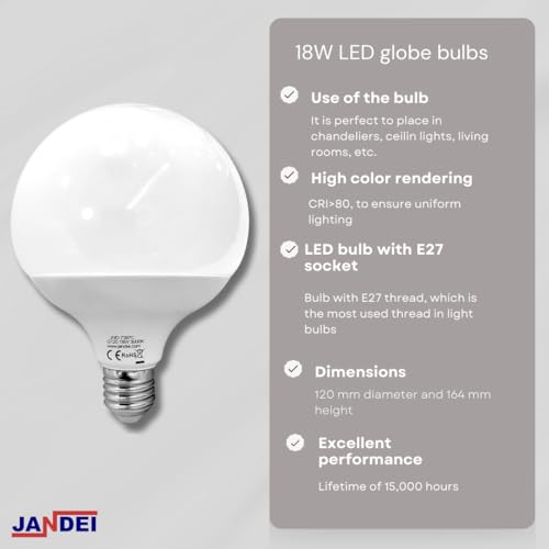 JANDEI, Pack of 3 G120 E27 18W LED Globe Light Bulbs, Ideal for Living Rooms Hallways, Kitchens, Bedrooms - Image 2
