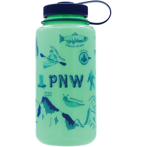 Nalgene Sustain Tritan BPA-Free Water Bottle Made with Material Derived from 50% Plastic Waste, 32 OZ, Wide Mouth, Geographical Bottle Design, Pacific Northwest Glow Green