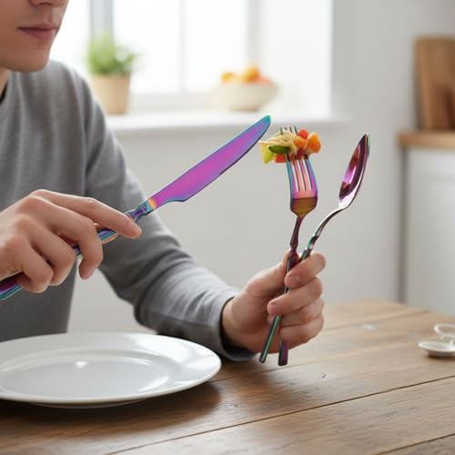Image of 12 Pcs Rainbow Slim Handle Stainless Steel Cutlery Set for Dining Table with Spoons and Forks Set + Butterknives - The Perfect Tableware /Flatware
