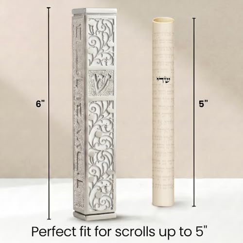 Image of SURI Mezuzah for Door with Scroll, 6 Inch Silver and White Mezuzah Case with Non Kosher Scroll Inside, Fits a 5 Inch Scroll, Includes Adhesive and Gift Box