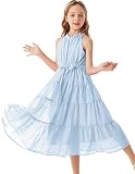 GRACE KARIN Girls Halter Neck Dress Sleeveless Casual A-line Flowy Summer Maxi Dress for 10 Years Light Blue