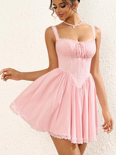Image of Womens Summer Floral Mini Dress Square Neck Tie Front Lace Spliced Ruched Backless Casual Party Graduation Short Dresses