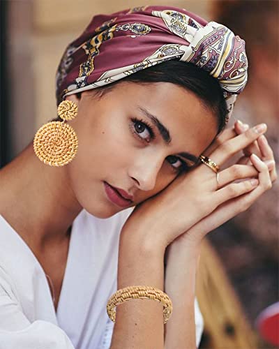 Boho Earrings Necklace Bracelet Handmade Lightweight Rattan Dangling Earrings Long Chain Tassel Rattan Disc Pendant Necklace Woven Rattan Bangle Bohemian Summer Beach Jewelry For Women Girls #TOP1